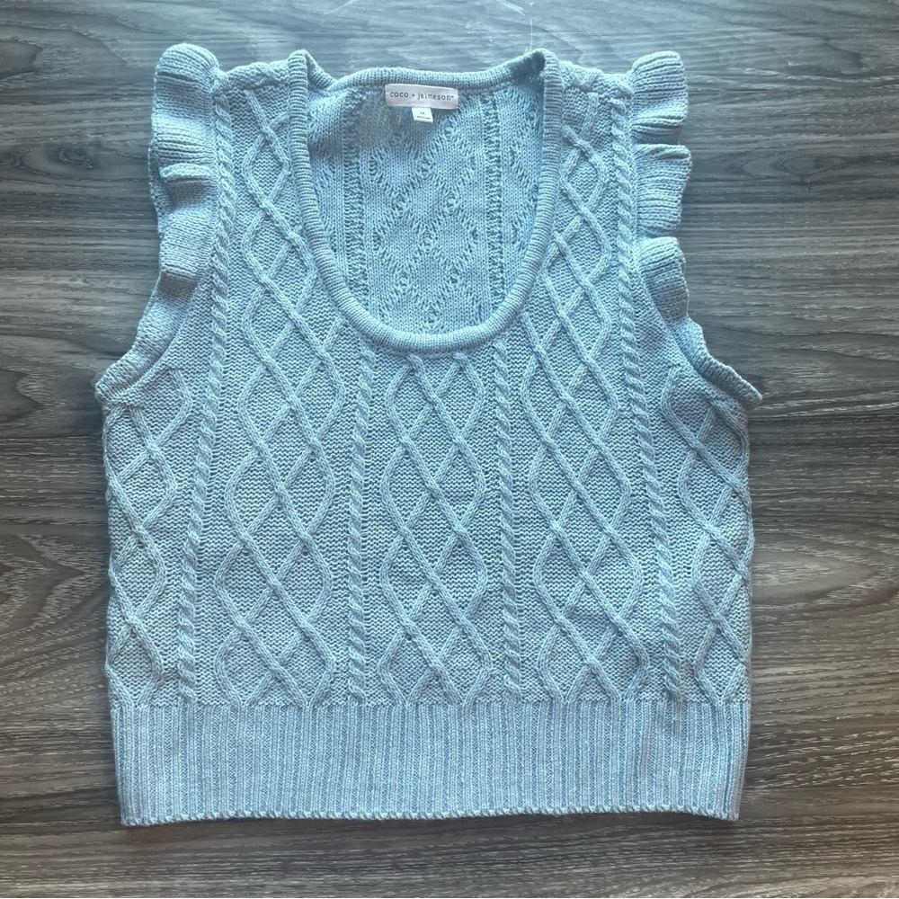 NWOT Coco + jaimeson Light Blue Sleeveless Knit Top with‎ Ruffle Details